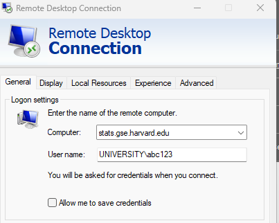 A screenshot of a configuration screen for Remote Desktop Connection