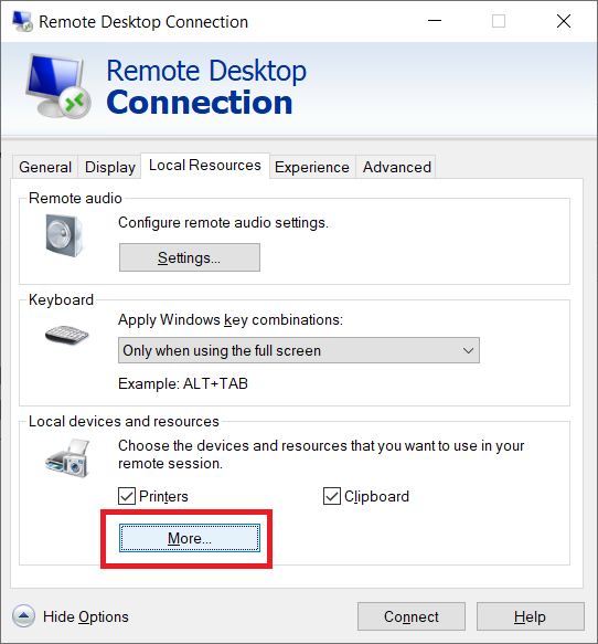 A screenshot of the Local Resources configuration screen on Remote Desktop Connection