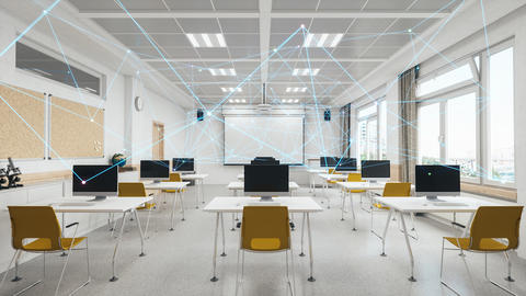 classroom with laptops