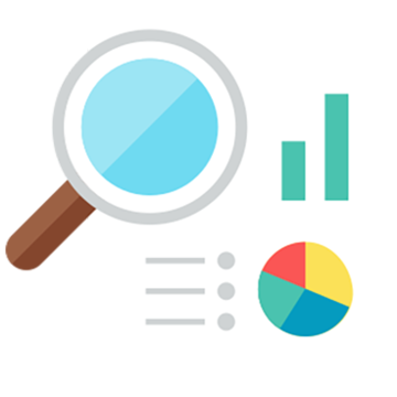 Magnifying glass, pie chart and bar chart