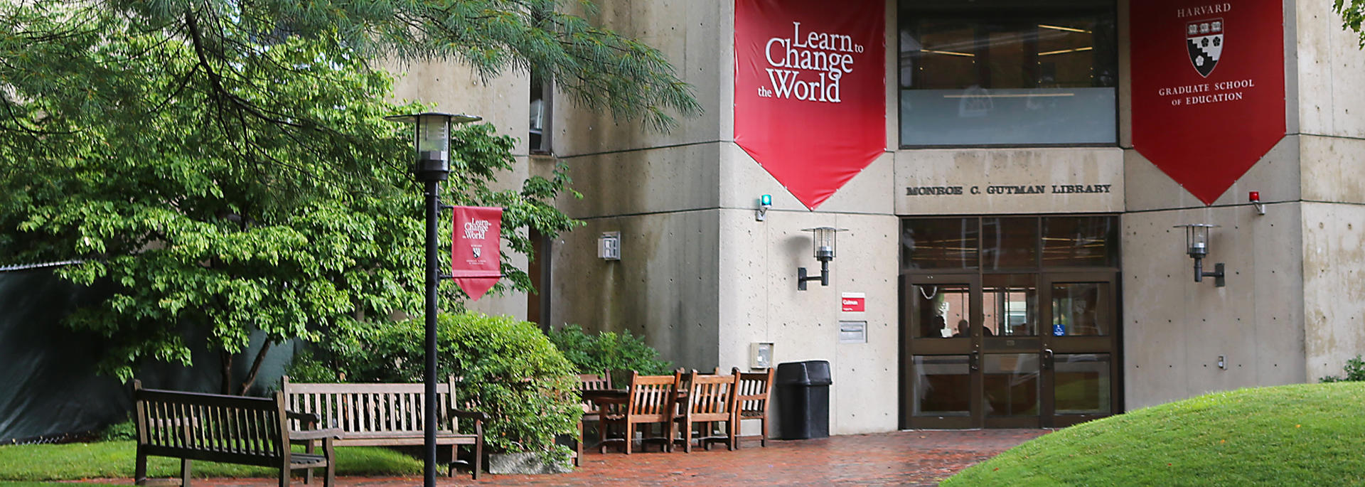 The front of Gutman Library after a Spring rain.